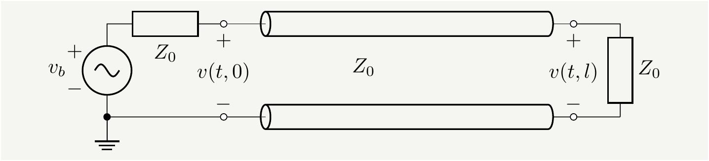 All the impedances are equal to each other:$Z_L=Z_b=Z_0$. There will be no reflections in such a circuit. 
